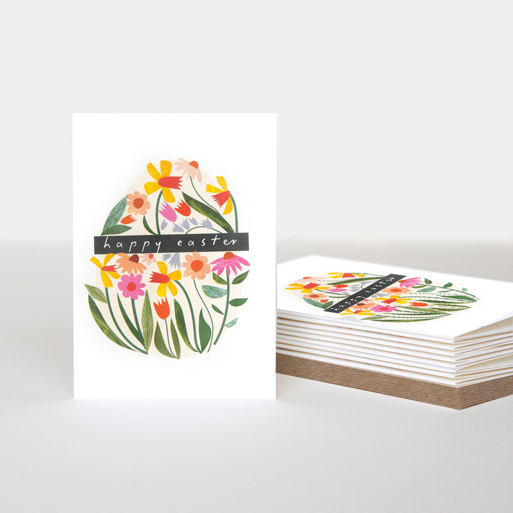 pack of easter cards with colourful flowers in the shape of an egg and the text 'happy easter'
