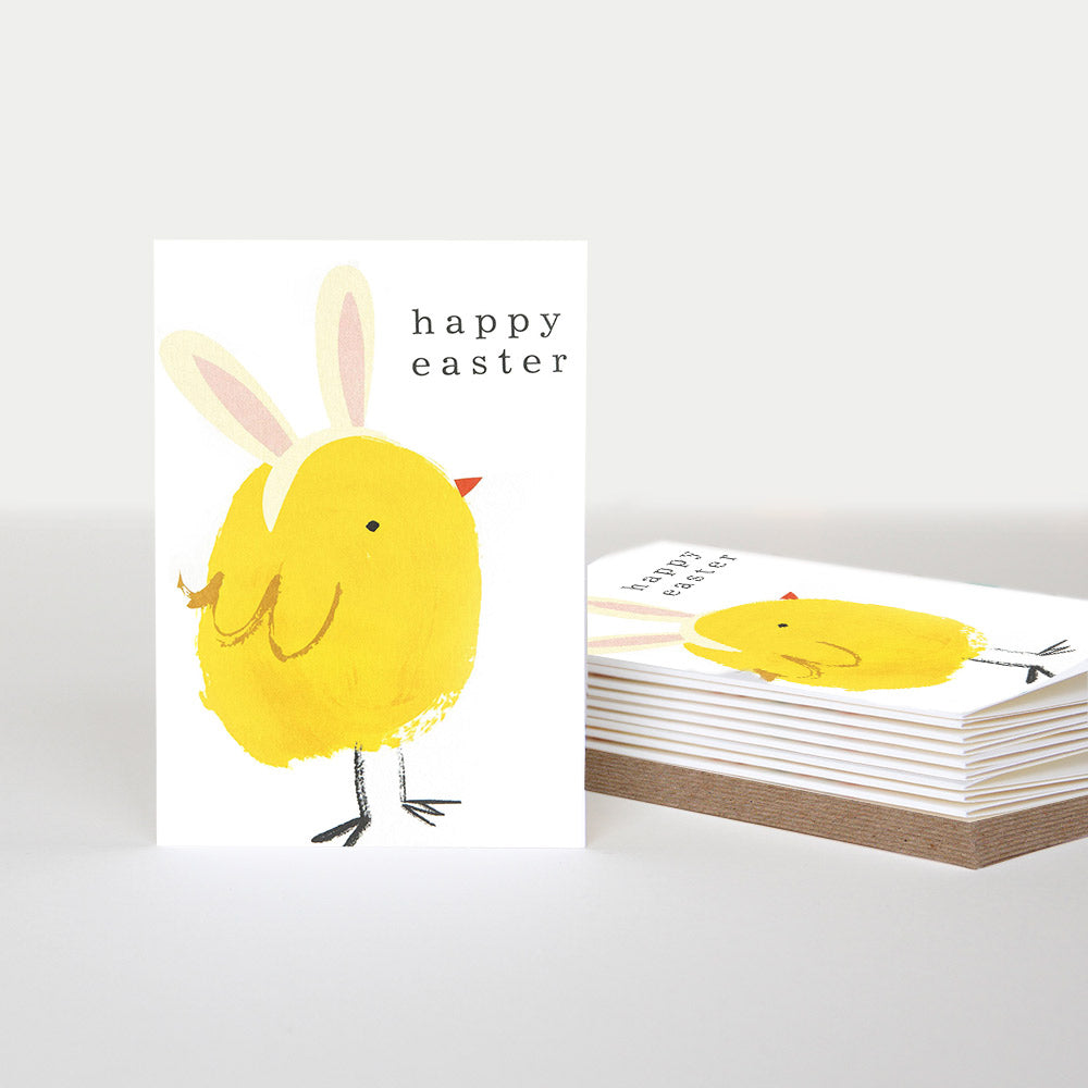 pack of easter cards with yellow chick wearing bunny ears and the text happy easter