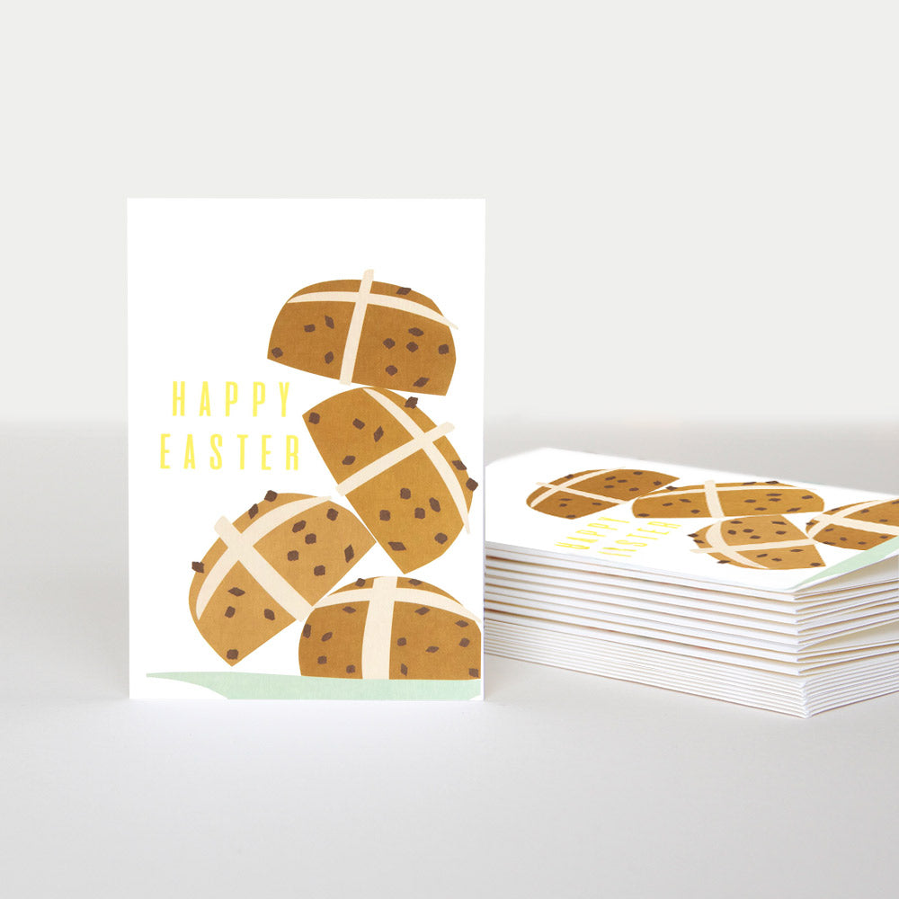 Greeting card with illustrations of hot cross buns and 'Happy Easter' text on a white background.