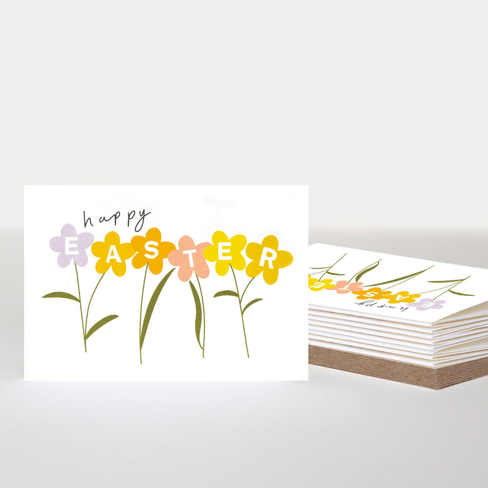 pack of 10 Easter greetings cards with flowers and 'Happy Easter' text on a white background