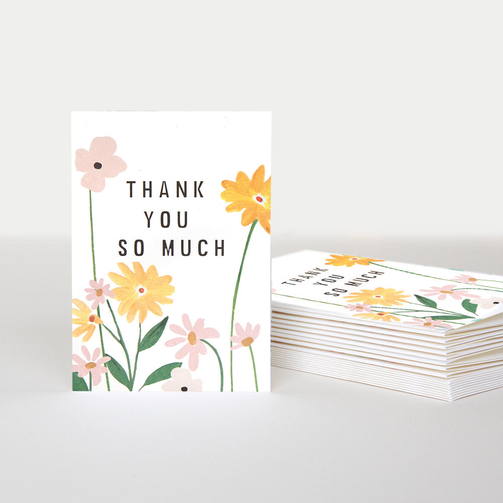 pack of 10 blank notecards featuring pink and yellow flowers and the message 'thank you so much'