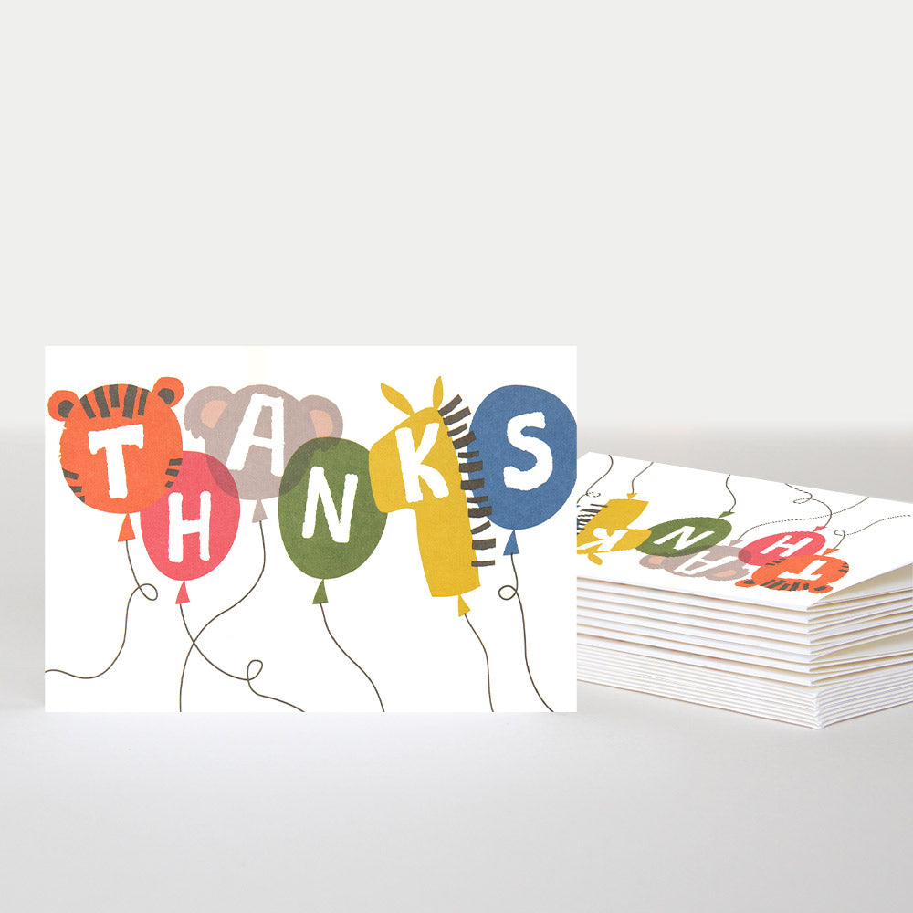 pack of 10 blank notecards featuring colourful animal shaped balloons spelling 'THANKS'