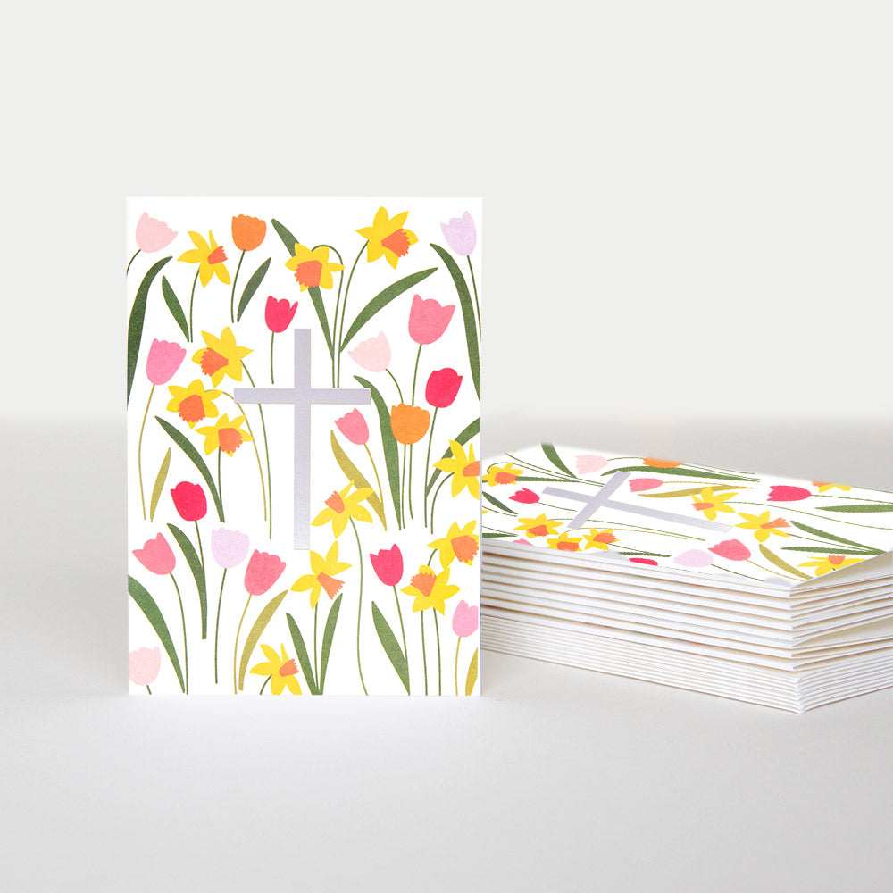 colourful spring flowers with silver cross Easter cards pack of 10