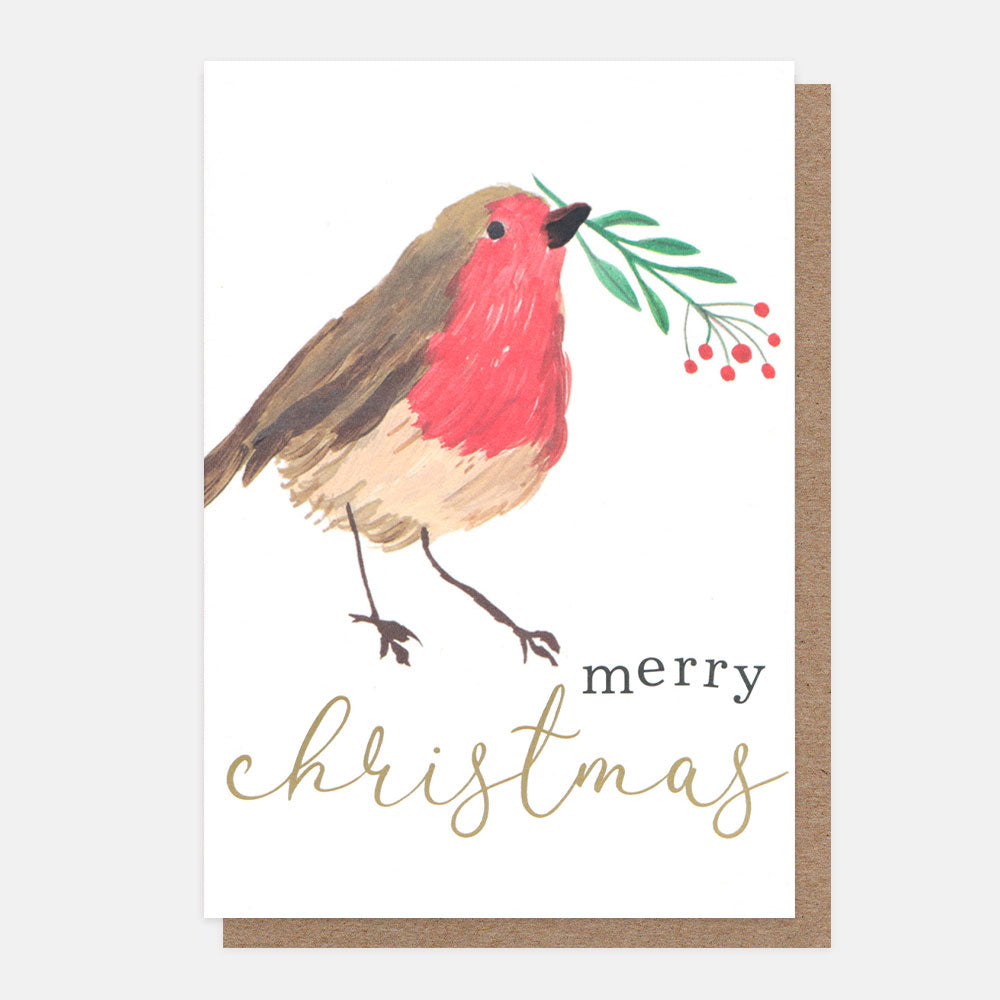 Robin With Mistletoe Sprig Small Christmas Card Pack of 10
