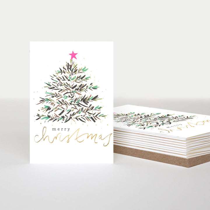 pack of 10 small chrsitmas cards with tree, gold snow and pink star