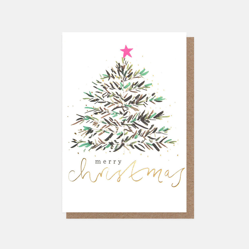 pack of 10 small chrsitmas cards with tree, gold snow and pink star