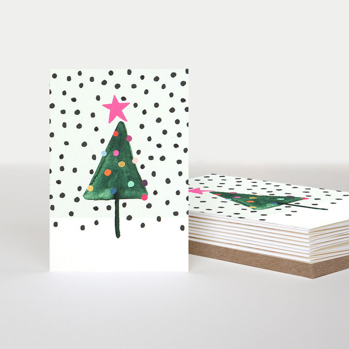 tree with pink star and spotty snow pack of 10 small christmas cards