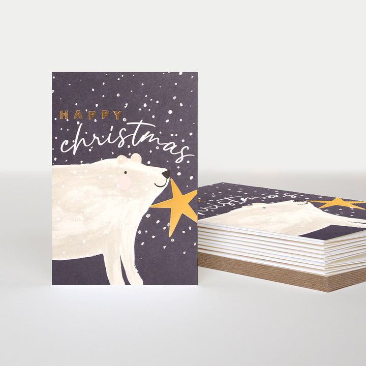 polar bear in snow with gold star pack of 10 small christmas cards