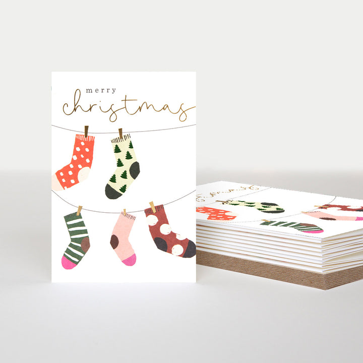 patterned socks hung out on a line pack of 10 small christmas cards