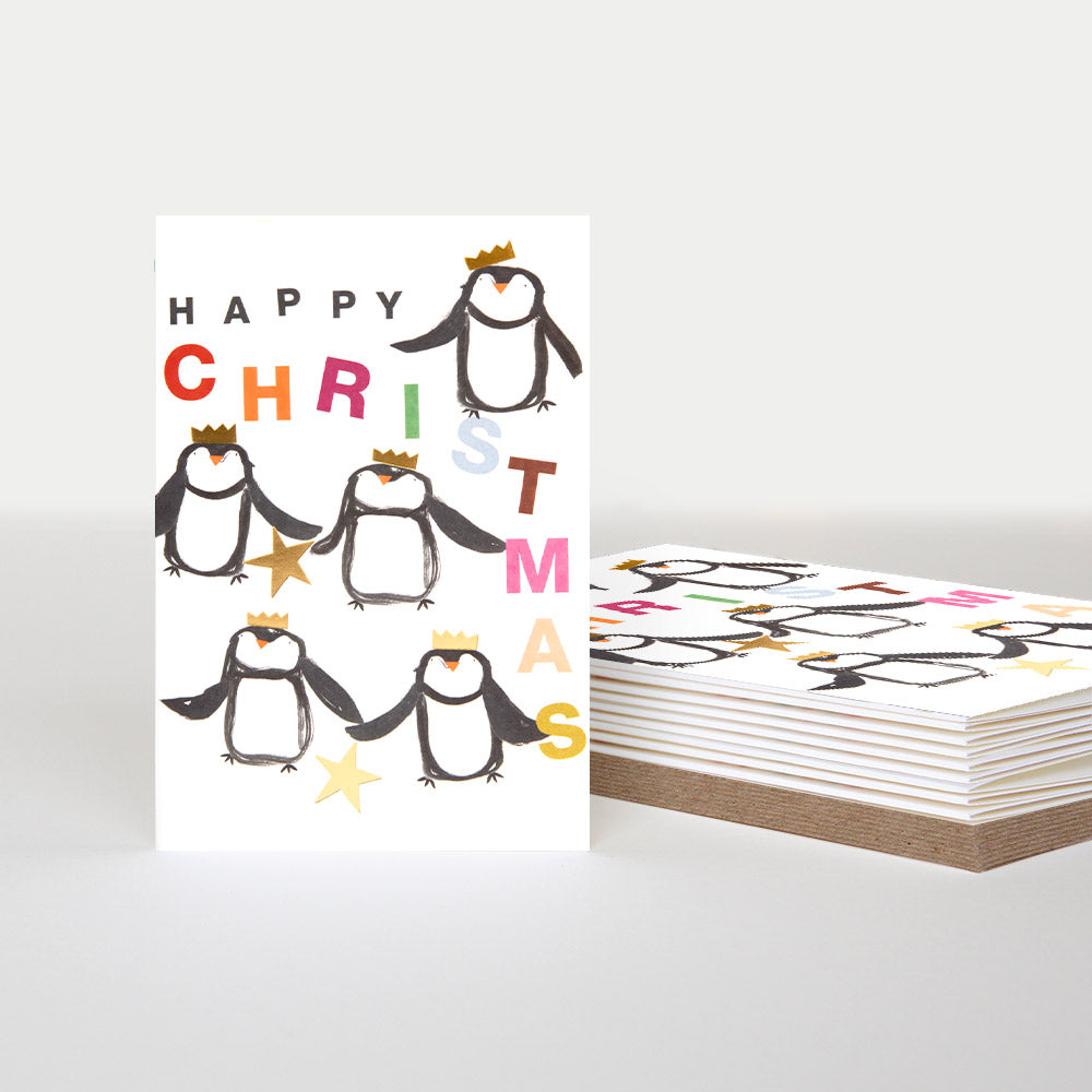 penguins in hats & gold stars pack of 10 small christmas cards