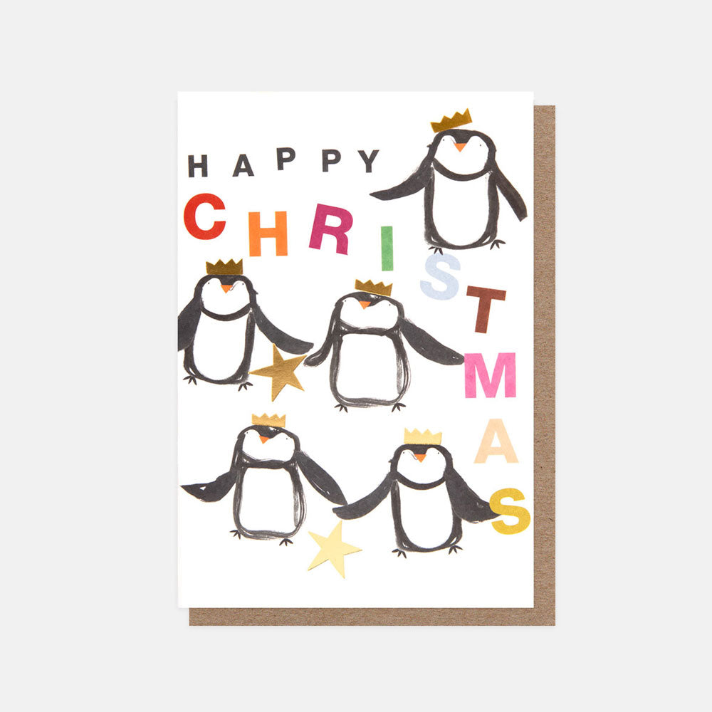 penguins in hats & gold stars pack of 10 small christmas cards