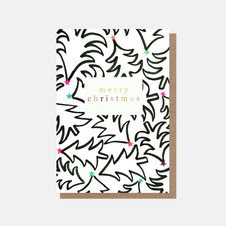 monochrome outline trees with colourful stars pack of 10 small christmas cards