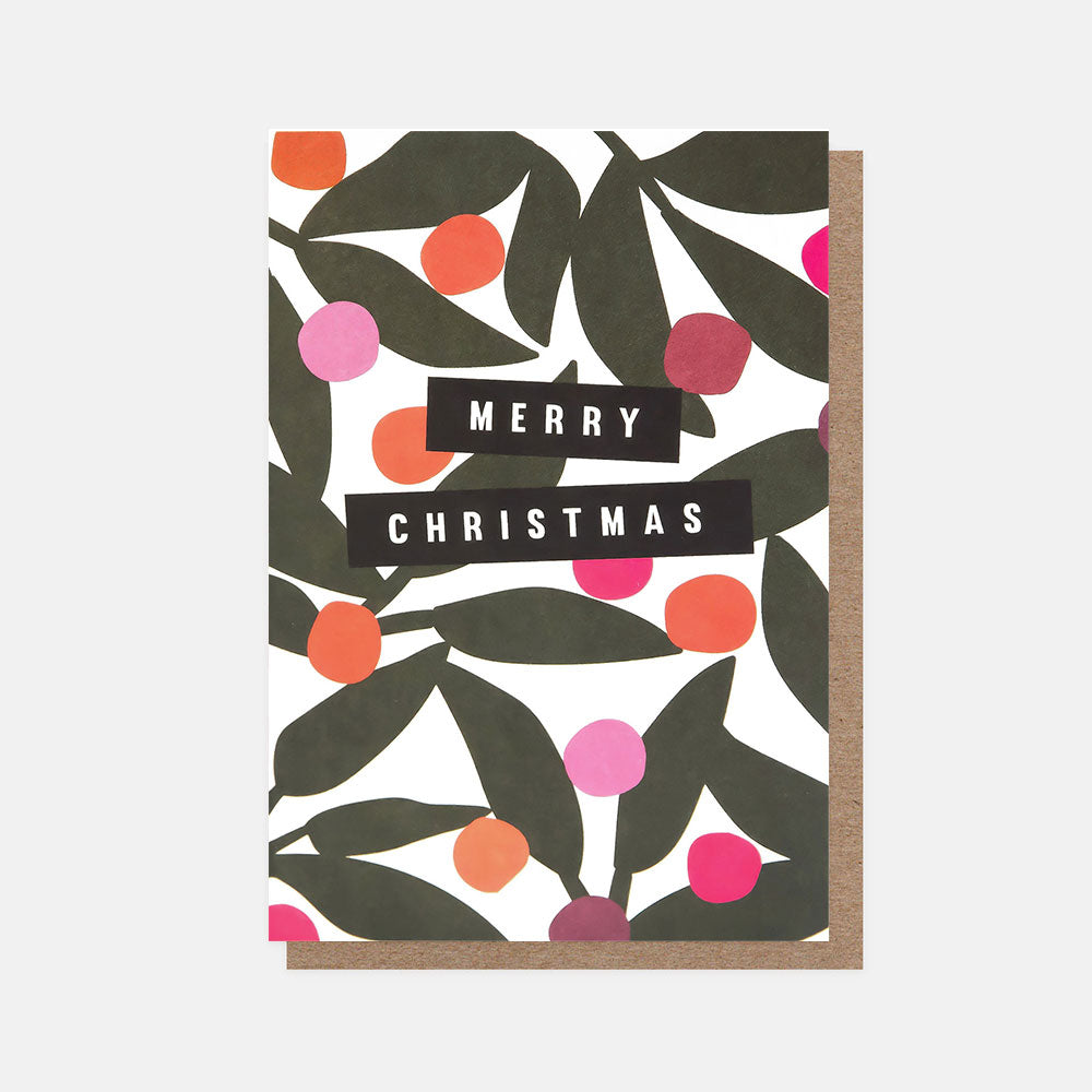 Christmas card with festive foliage and red & pink berries design on a white background, with the message merry Christmas 