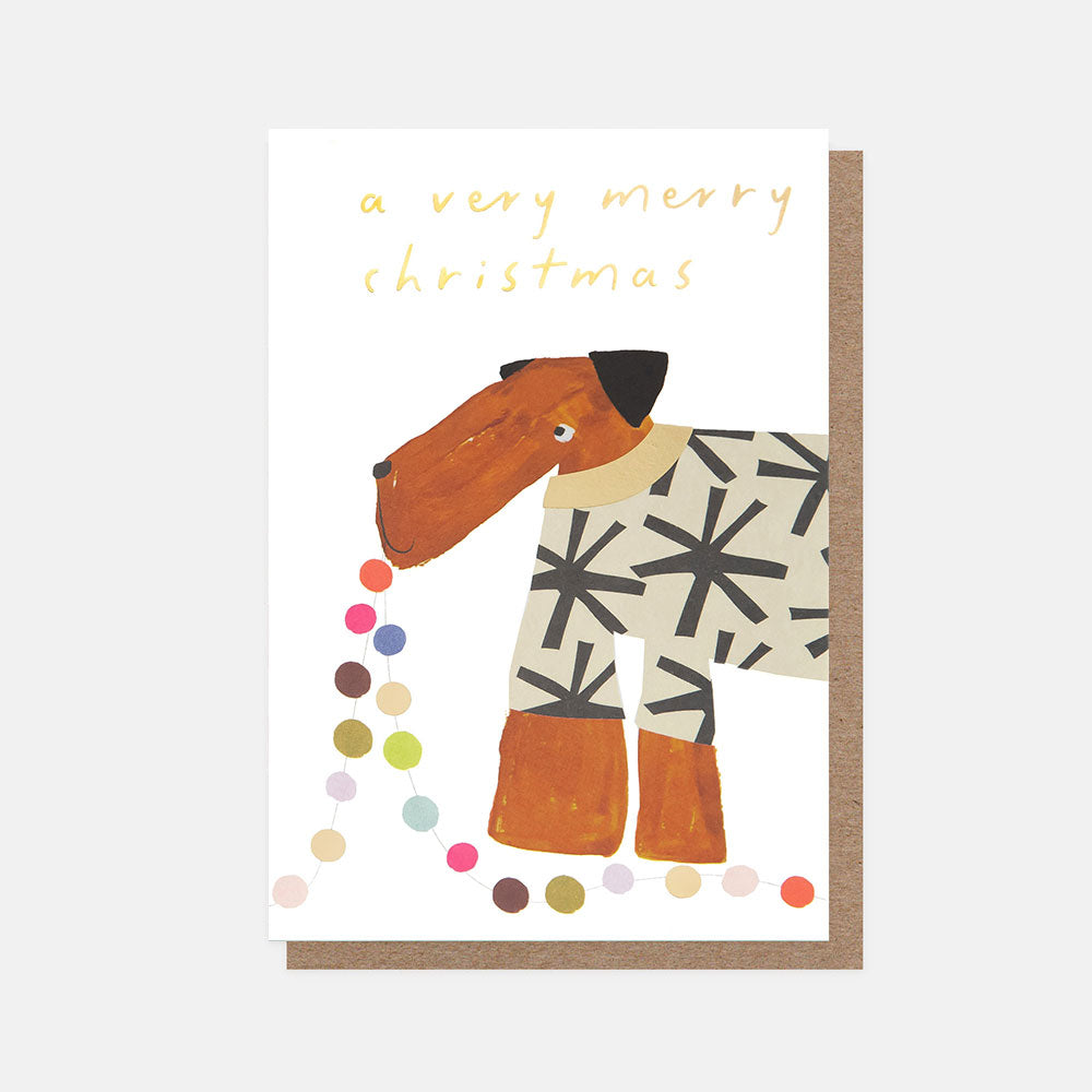 Christmas card with a dog in a Christmas jumper with a string of lights illustration and 'a very merry Christmas' text on a white background