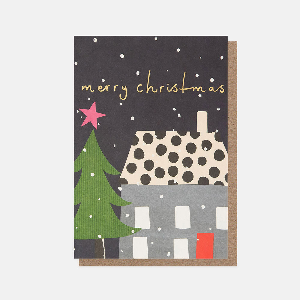 Christmas card with a snowy night time scene featuring a house, tree, and 'Merry Christmas' text on a dark background.