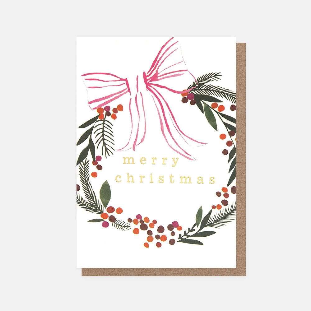 Christmas card with wreath design, pink bow, and 'merry christmas' text on a white background.