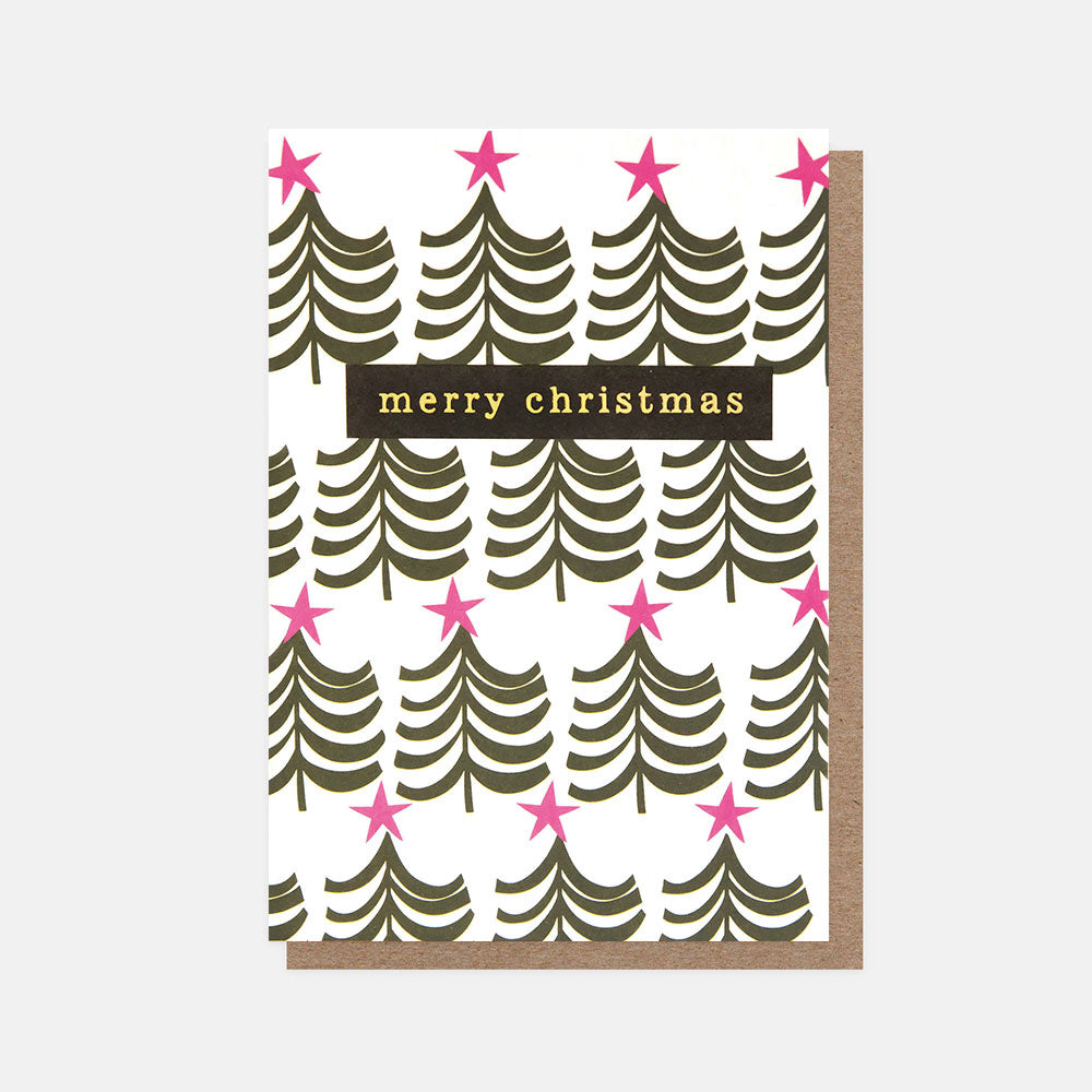 Christmas card with Christmas tree & pink stars pattern and 'merry christmas' text on a white background