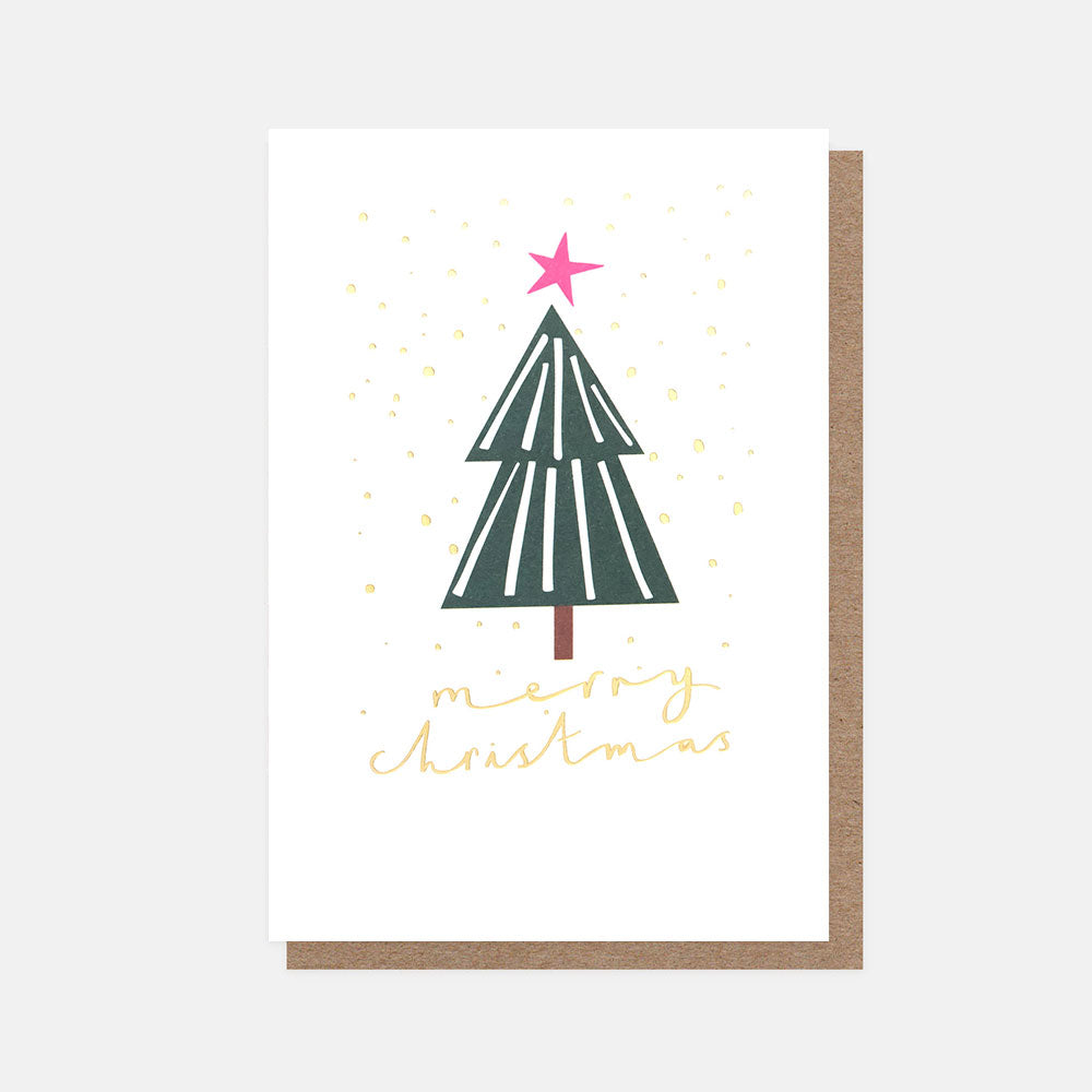 Christmas card with design of a tree and pink star in gold snow on a white background
