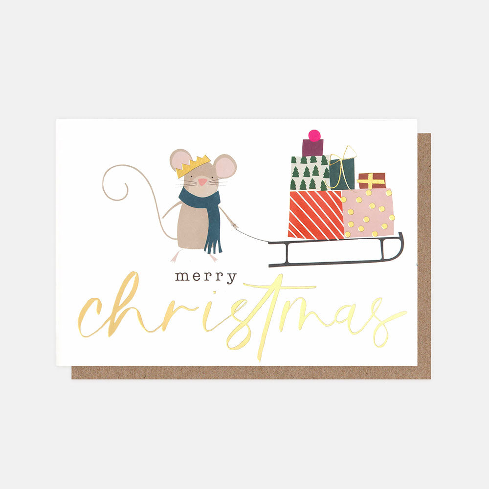 Christmas card with a mouse pulling a sleigh of presents and 'merry christmas' text.