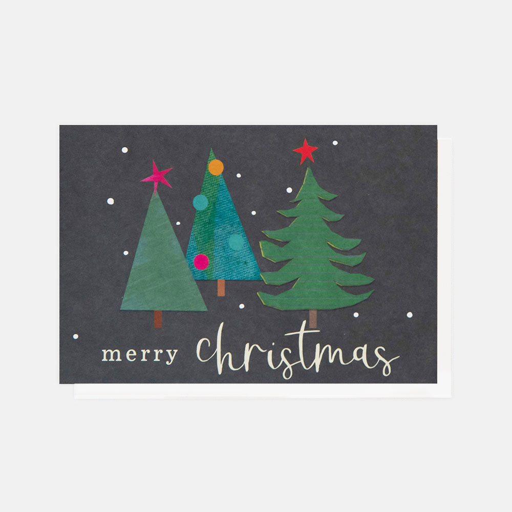 Christmas card with three trees and 'merry Christmas' text on a dark background
