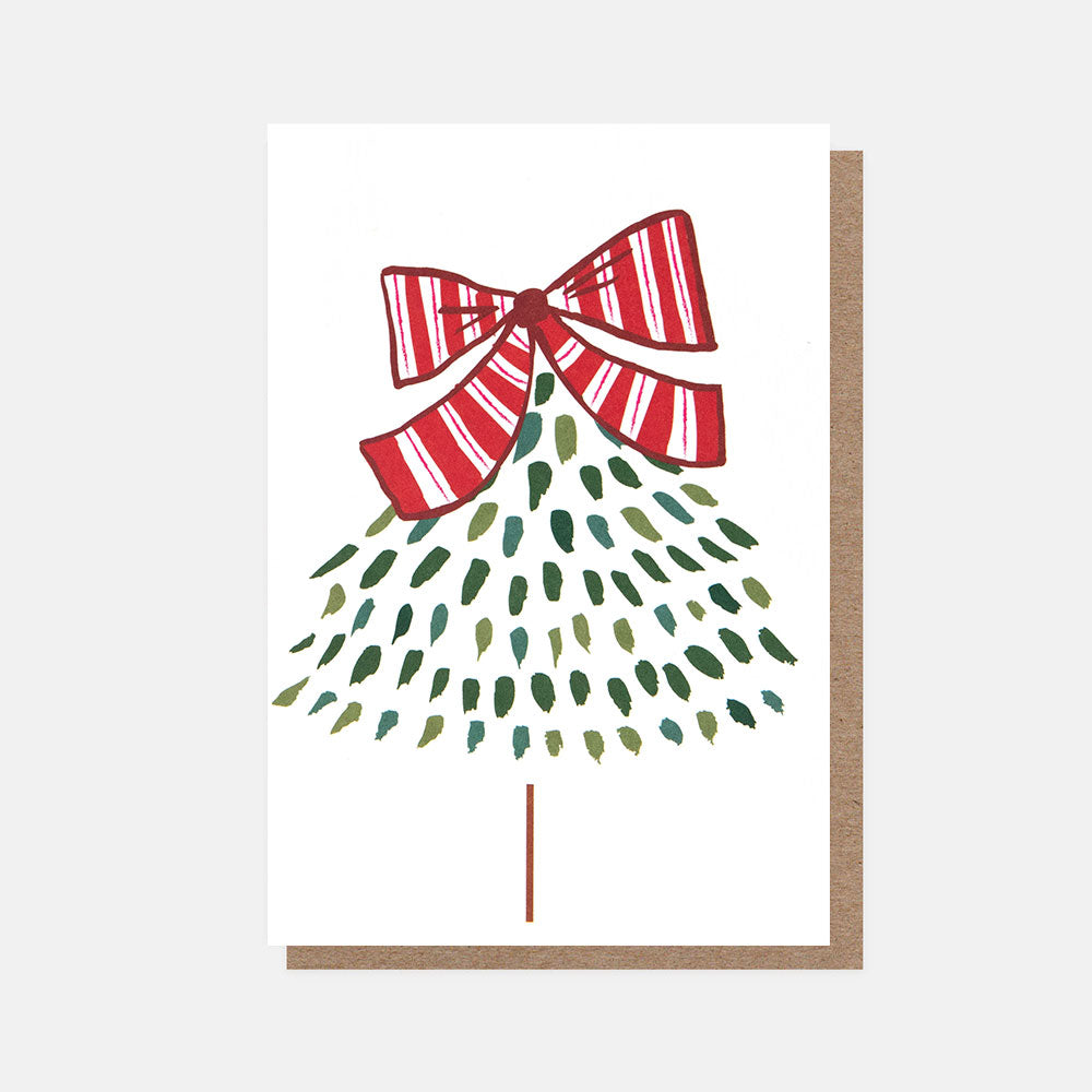 Card with a Christmas tree design and red striped bow on a white background
