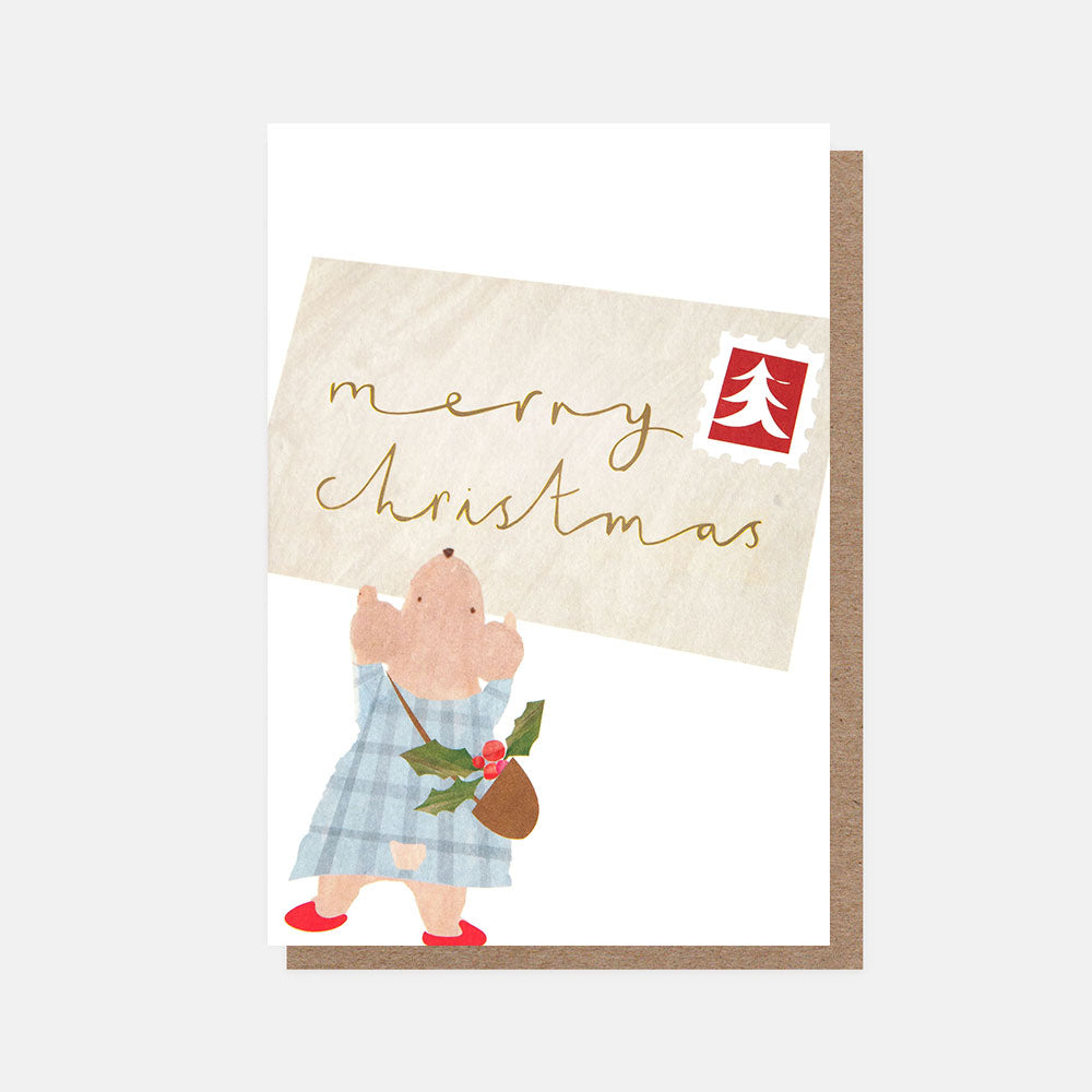 Christmas card with a mouse holding a 'Merry Christmas' sign on a white background