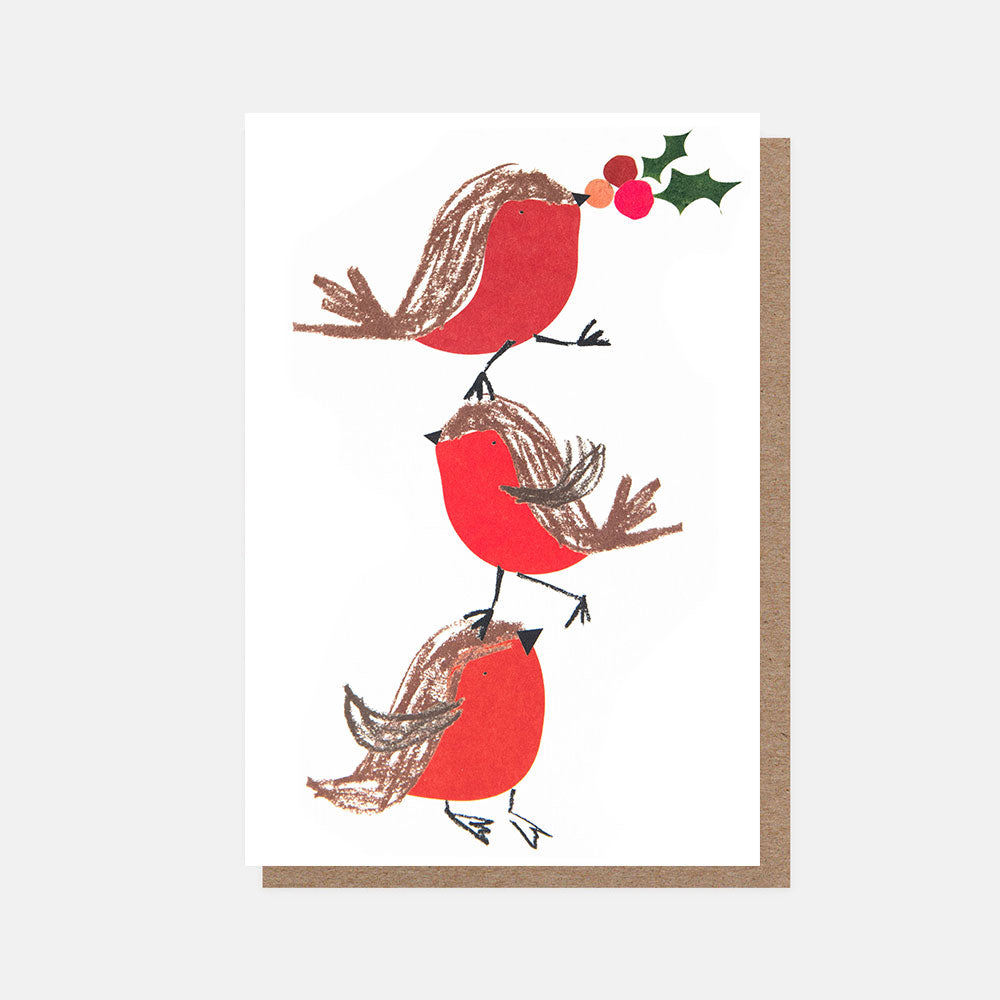 christmas card featuring 3 stacked robins holding holly & berries on a white background