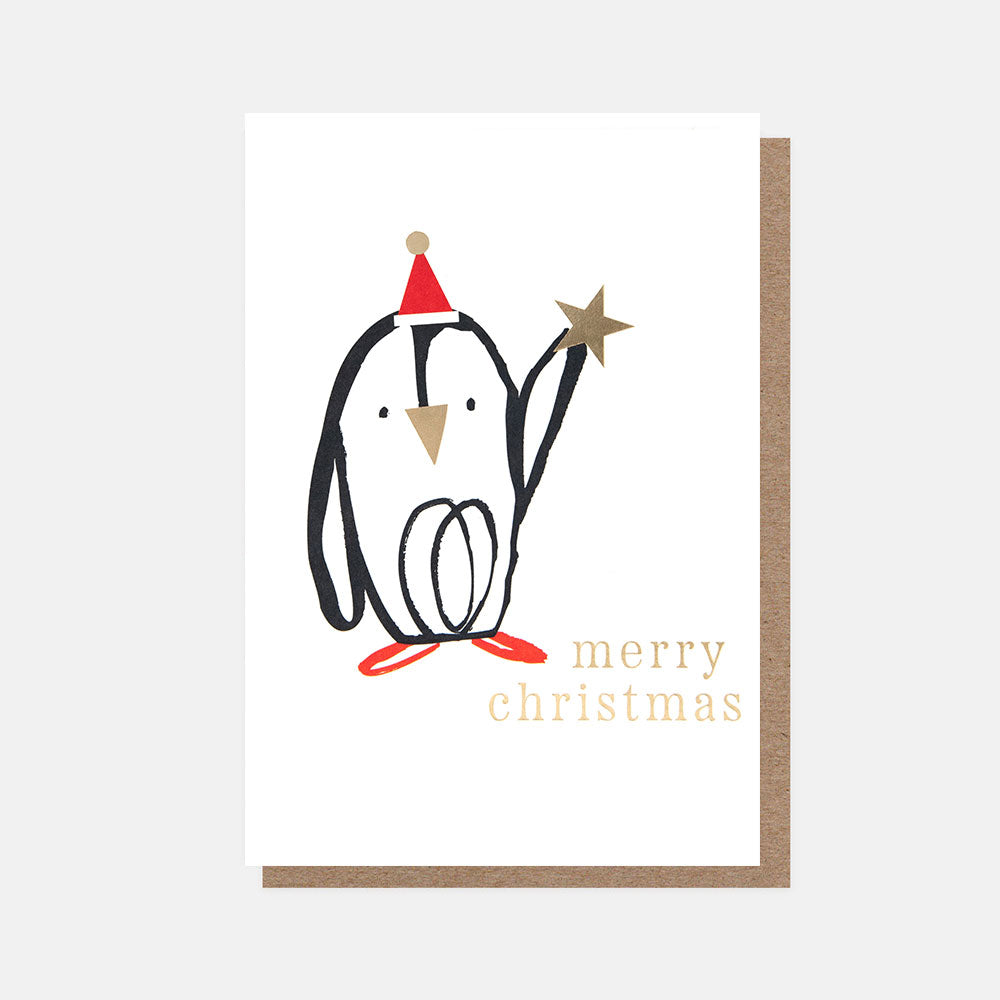 christmas card featuring a hand drawn penguin in a red hat holding a gold star and merry christmas message on a white background