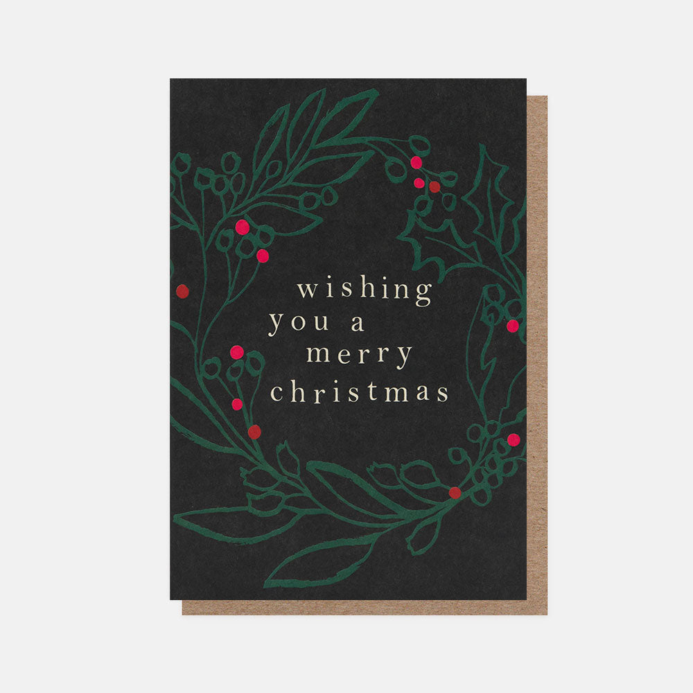 Christmas card with wreath design and text 'wishing you a merry christmas' on a black background.