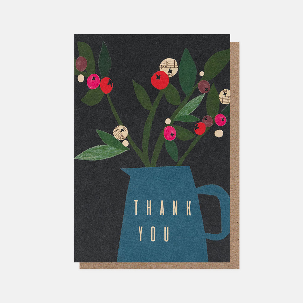 christmas themed thank you card featuring a jug with mistletoe and white & red berries on a dark background