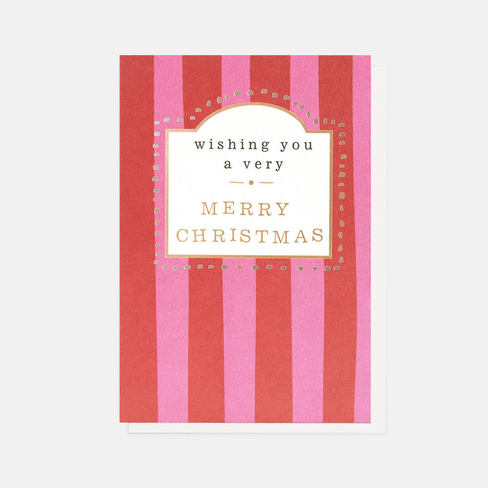 Christmas card with red and pink striped design and 'Wishing you a very Merry Christmas' text.