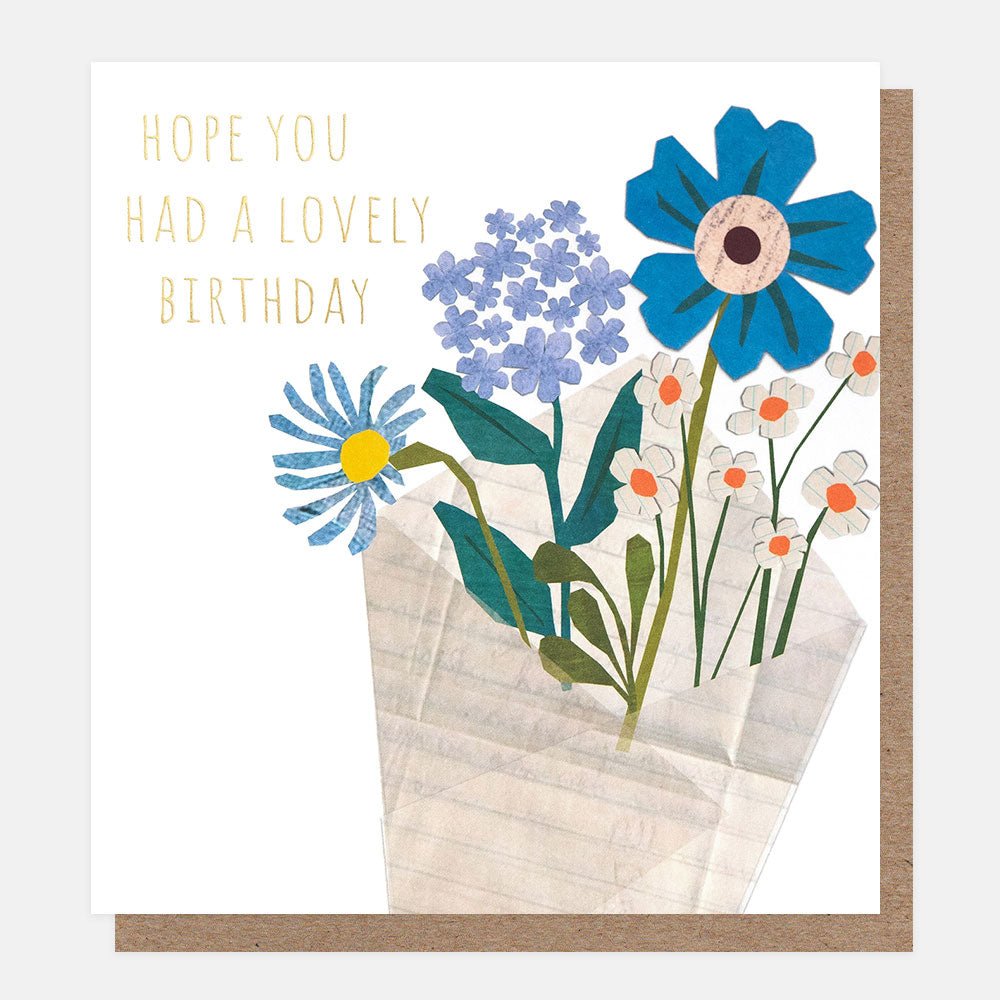 belated birthday card featuring a bunch of blue and white flowers and the words 'hope you had a lovely birthday'