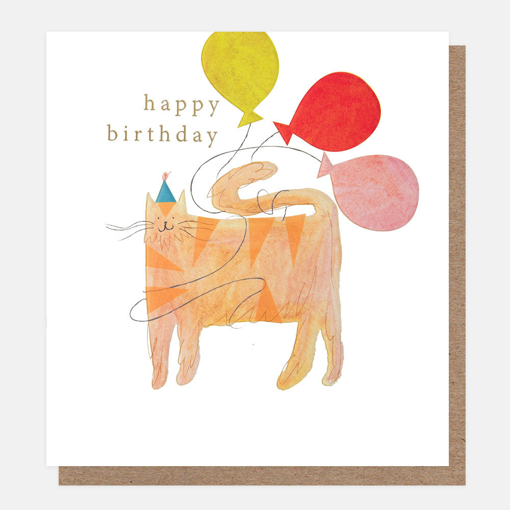 Birthday card with a ginger cat illustration and colourful balloons on a white background