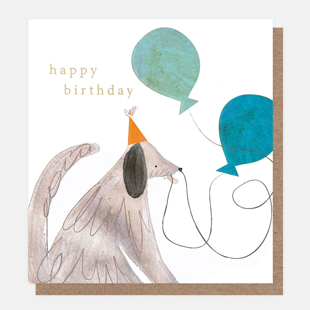 Birthday card with a dog holding balloons and 'happy birthday' text on a white background