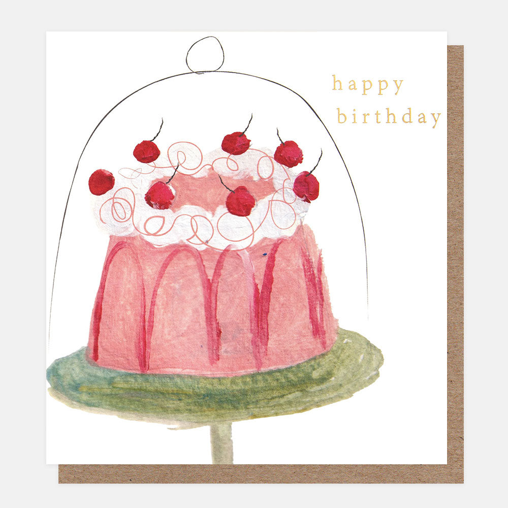 Birthday card with a pink cake illustration and 'happy birthday' text.