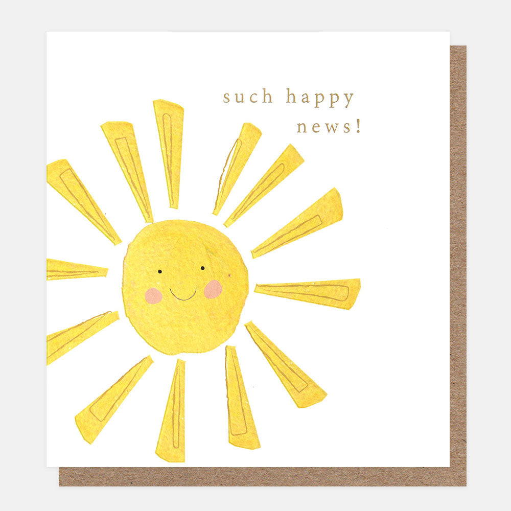 Card with a smiling sun illustration and 'such happy news!' text on a white background.