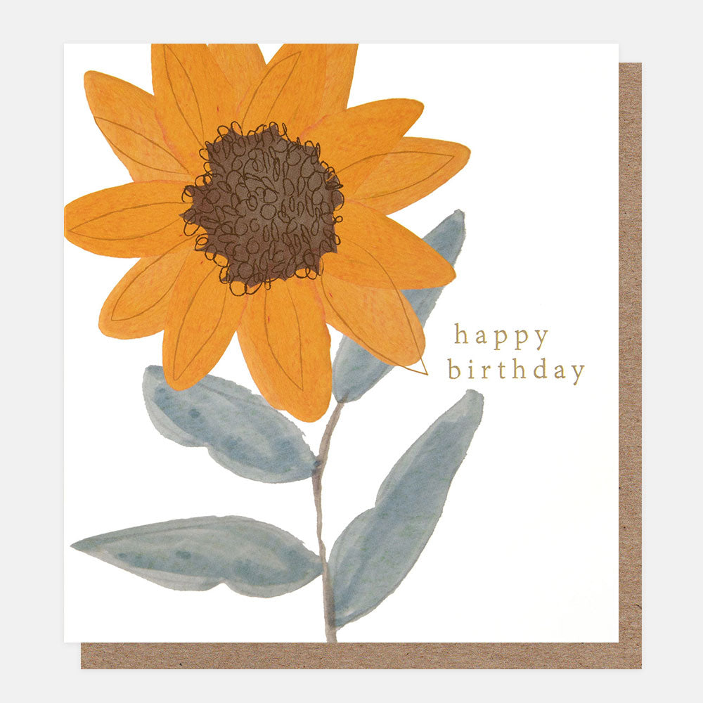 birthday card with a hand drawn large yellow sunflower and the text 'happy birthday' in gold, on a white background