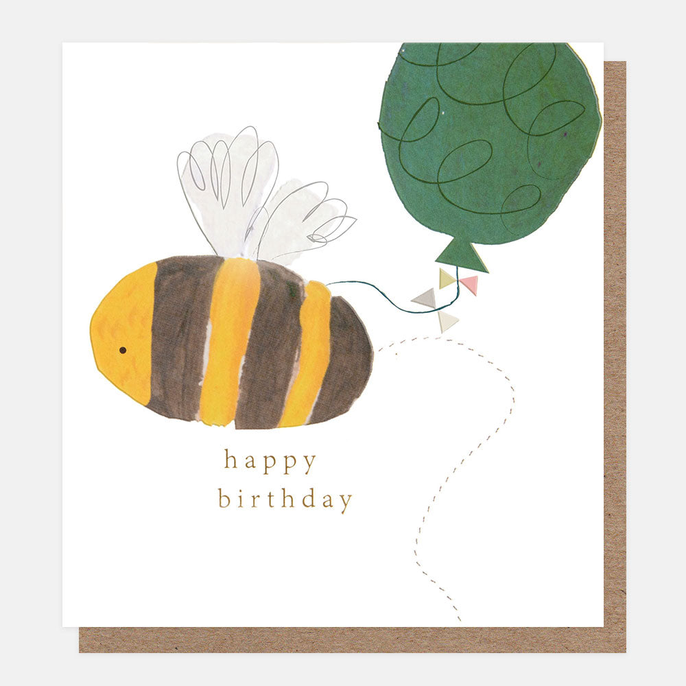 Birthday card with a bee illustration and 'happy birthday' text on a white background.