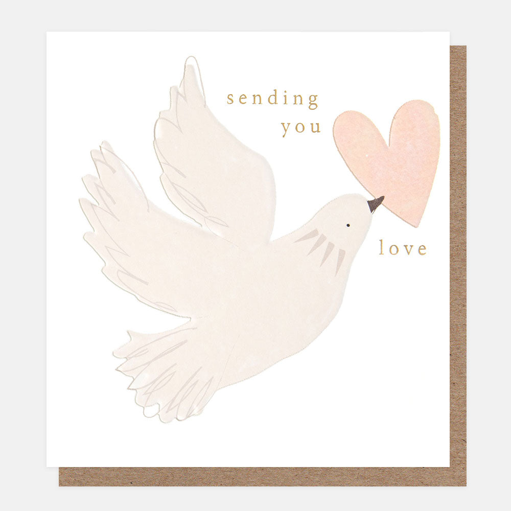 greetings card featuring a grey dove holding a pink heart in its beak with the text 'sending you love'