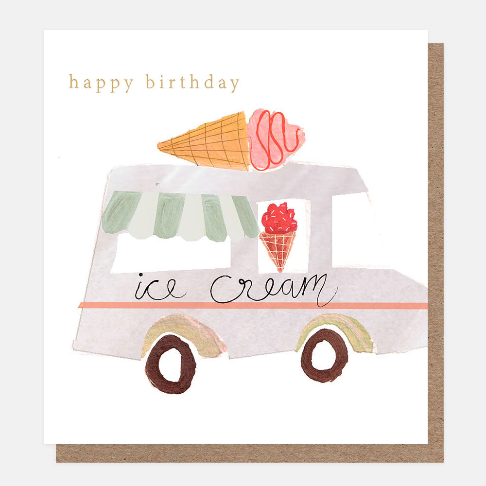 Birthday card with an ice cream truck illustration and 'happy birthday' text.