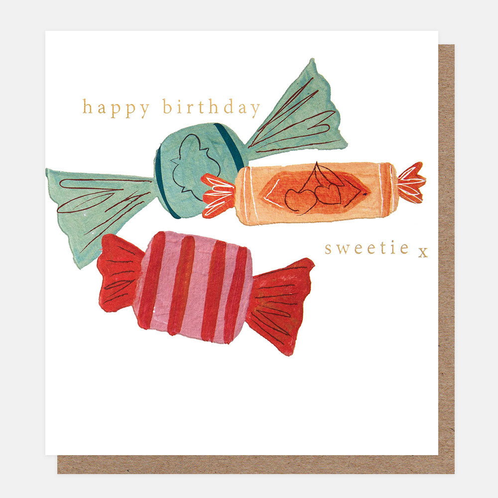 Birthday card with colorful candy illustrations and 'happy birthday sweetie x' text.