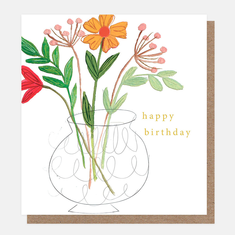 birthday card featuring colourful flowers in a vase and the text 'happy birthday' on a white background