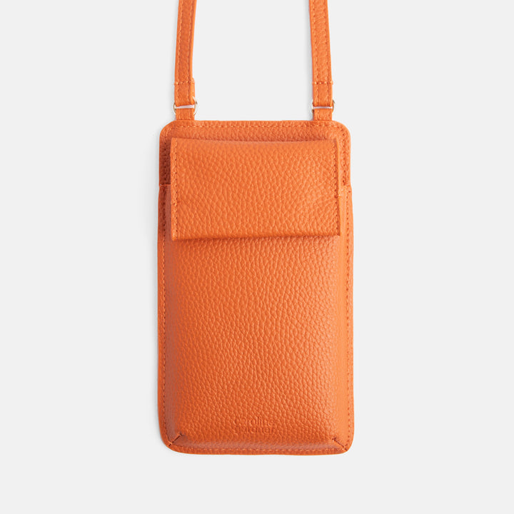 orange leather look phone bag with pocket & 3 card slots 