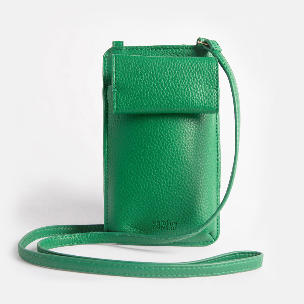 green vegan leather phone bag with pocket & 3 card slots
