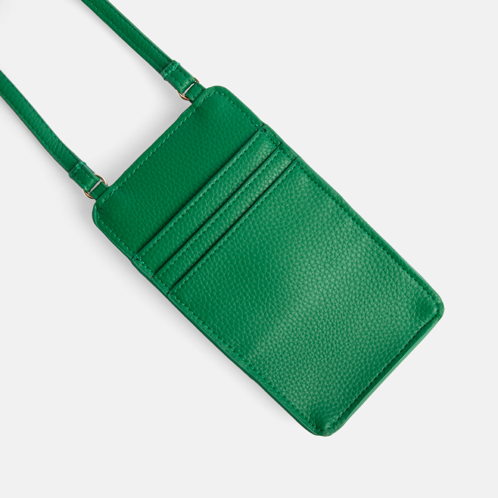green vegan leather phone bag with pocket & 3 card slots