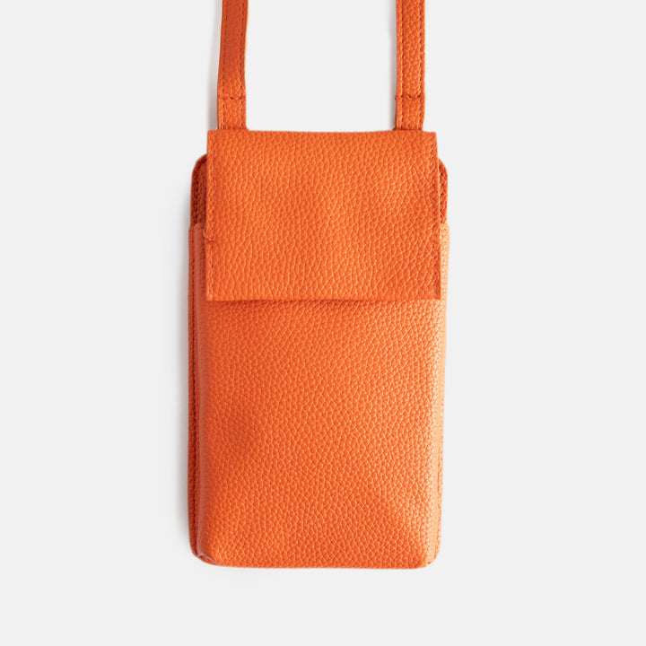 orange leather look phone bag with front flap pocket & 3 card slots on the back
