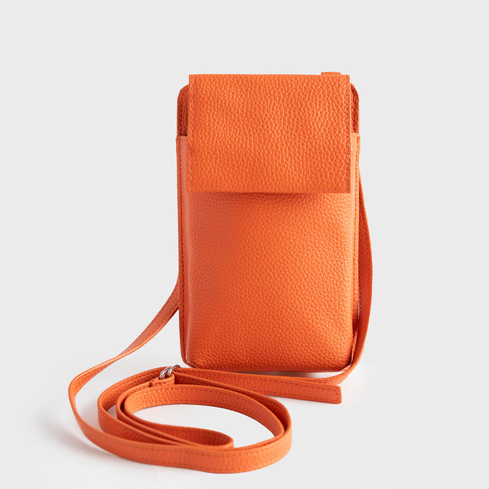 orange leather look phone bag with front flap pocket & 3 card slots on the back