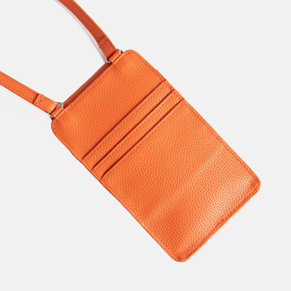 orange leather look phone bag with front flap pocket & 3 card slots on the back