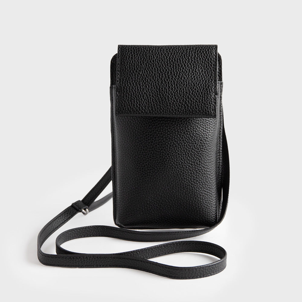 black vegan leather phone pouch bag with adjustable strap