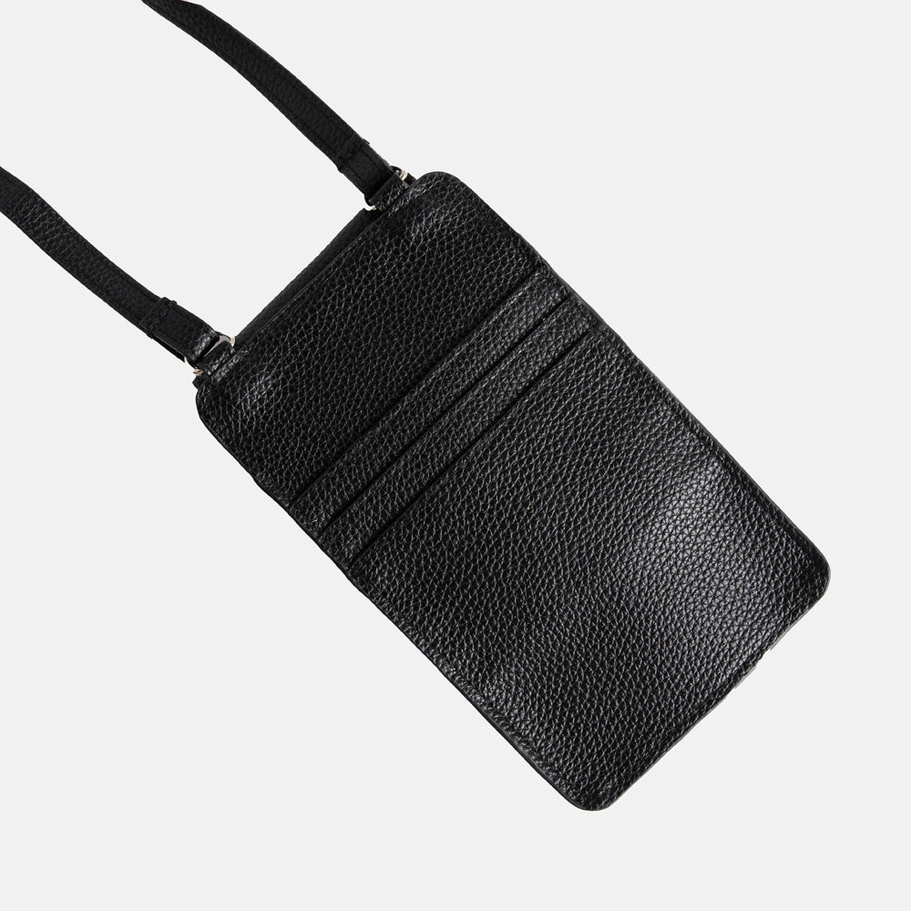 black vegan leather phone pouch bag with adjustable strap